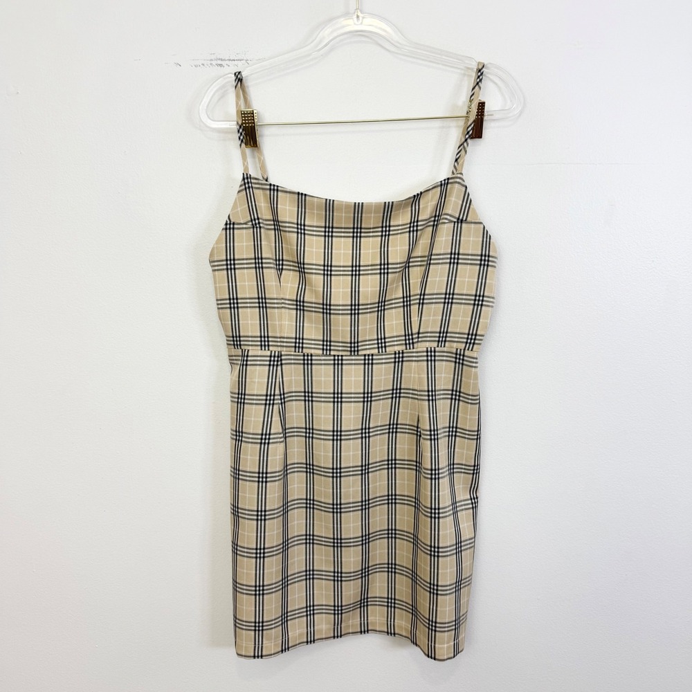 Lioness Beige Black Plaid Square Neck Mini Dress Size Large